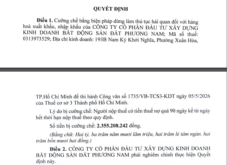 Bất động sản Phương Nam bị dừng làm thủ tục hải quan vì nợ thuế hơn 2,35 tỷ