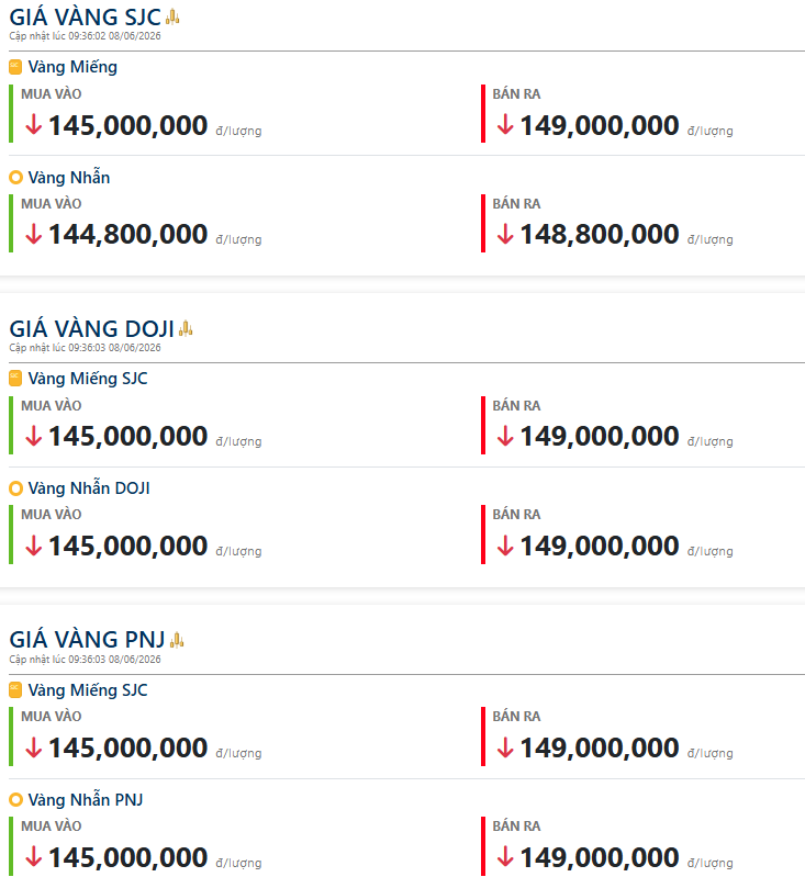 Giá vàng sáng 8/6: Tiếp tục giảm mạnh, SJC chỉ còn 149 triệu đồng/lượng bán ra