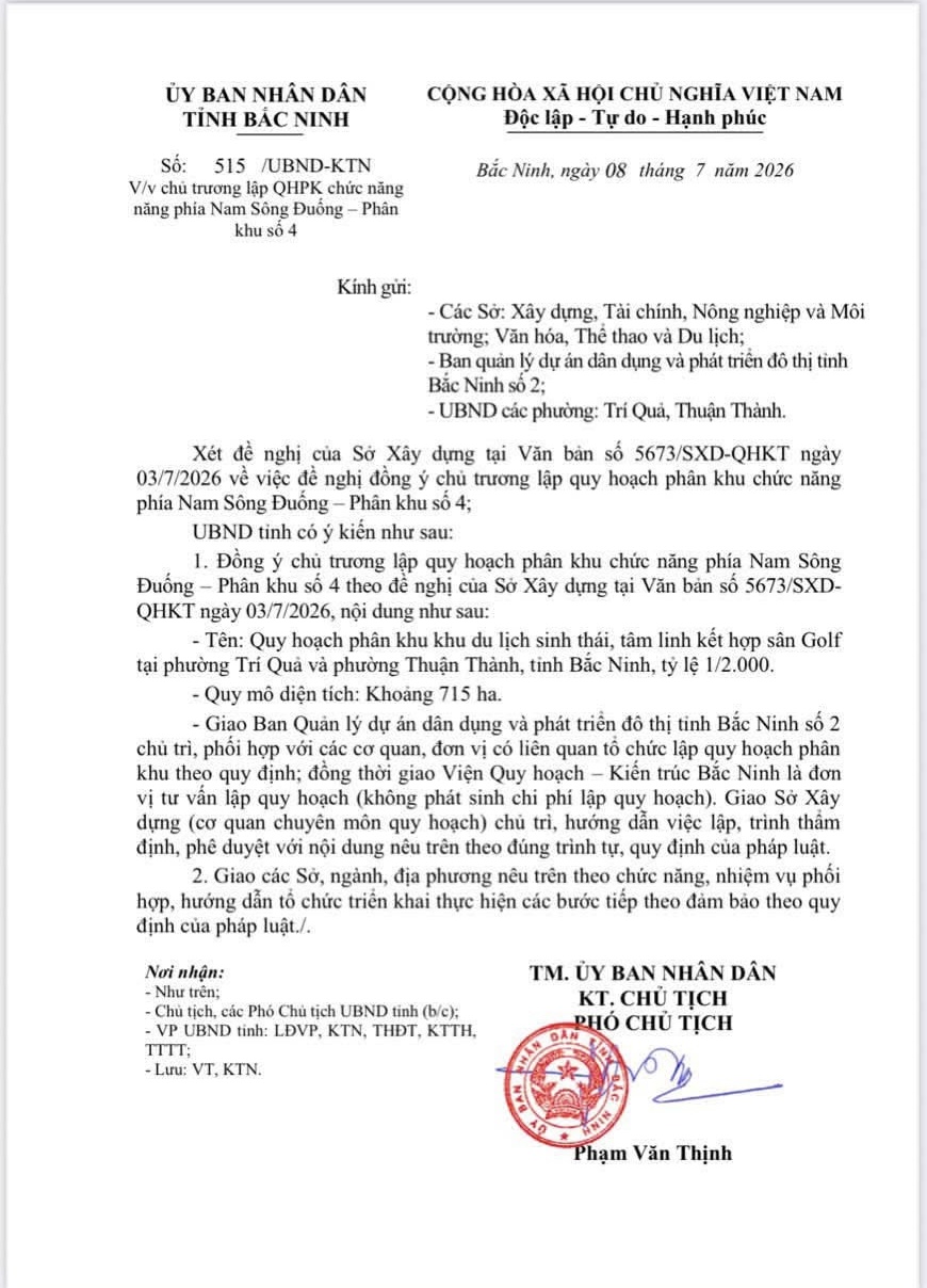 Sẽ có khu du lịch sinh thái, tâm linh và sân golf 715ha tại Bắc Ninh giáp với Hà Nội