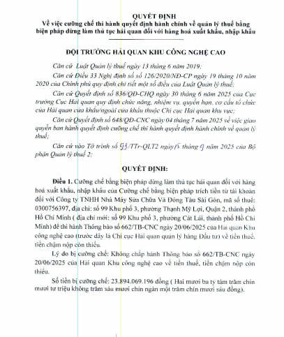   Chi cục Hải quan Khu vực II vừa ban hành quyết định cưỡng chế dừng làm thủ tục hải quan đối với hàng hóa xuất nhập khẩu của Công ty TNHH Nhà máy sửa chữa và đóng tàu Sài Gòn.  