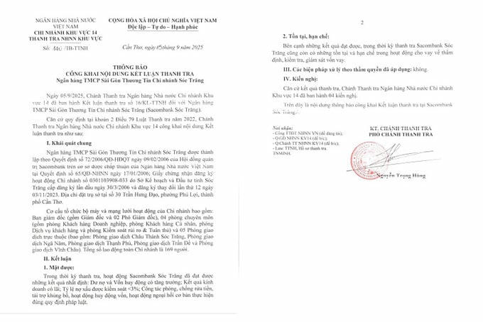   Chánh Thanh tra Ngân hàng Nhà nước Chi nhánh Khu vực 14 đã ban hành 4 kiến nghị đối với Sacombank Sóc Trăng.  
