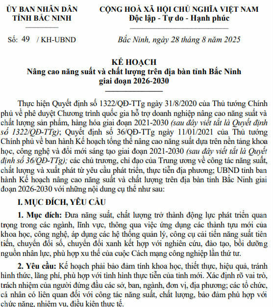Kế hoạch nâng cao năng suất và chất lượng trên địa bàn tỉnh Bắc Ninh giai đoạn 2026-2030