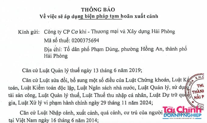 Lãnh đạo Công ty Cơ khí - Thương mại và Xây dựng Hải Phòng sẽ bị tạm hoãn xuất cảnh do nợ thuế