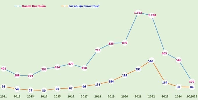 Biểu đồ: Doanh thu thuần và lợi nhuận trước thuế của Hodeco giai đoạn 2011-2024 và 6 tháng đầu năm nay (đvt: tỷ đồng).