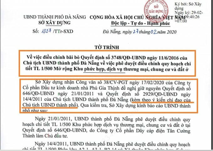 Tờ trình của Sở Xây dựng đề xuất bãi bỏ quy hoạch chi tiết sau 10 ngày nhận công văn của Công ty Phú GIa Thịnh