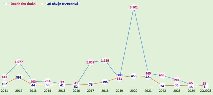 Biểu đồ: Doanh thu thuần và lợi nhuận trước thuế của Năm Bảy Bảy giai đoạn 2011-2024 và 6 tháng đầu năm 2025 (đvt: tỷ đồng).
