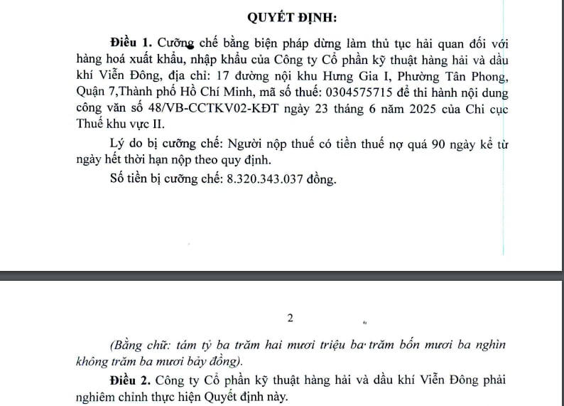 Quyết định cưỡng chế đối với CTCP Kỹ thuật Hàng hải và Dầu khí Viễn Đông &nbsp;