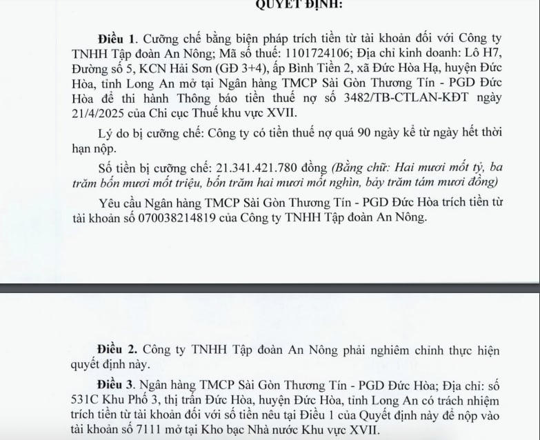 Công ty TNHH Tập đoàn An Nông có số tiền thuế nợ quá 90 ngày hơn 21,34 tỷ đồng