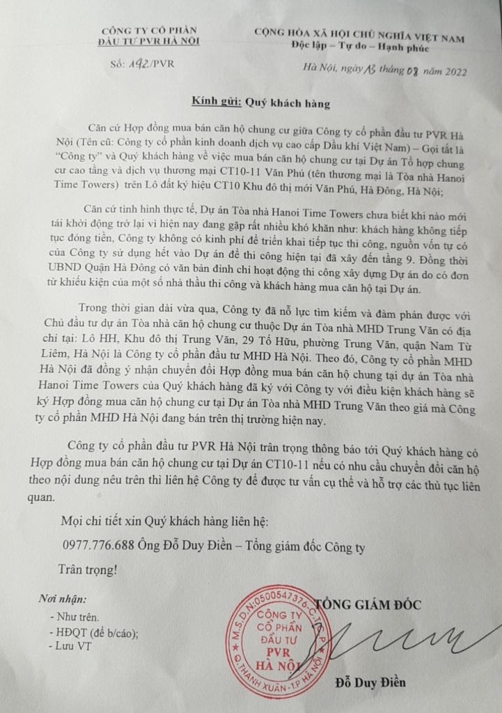 Văn bản CĐT PVR Hà Nội gửi khách hàng tại dự án&nbsp;Hanoi Time Towers