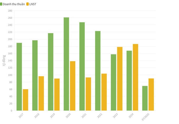 Doanh thu theo các năm của Tín Nghĩa từ 2017 - 2025.