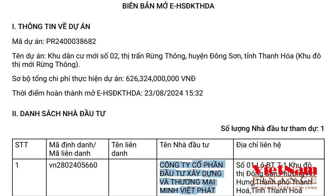 Công ty CP Đầu tư xây dựng và Thương mại Minh Việt Phát nhà đầu tư duy nhất đăng ký thực hiện dự án.