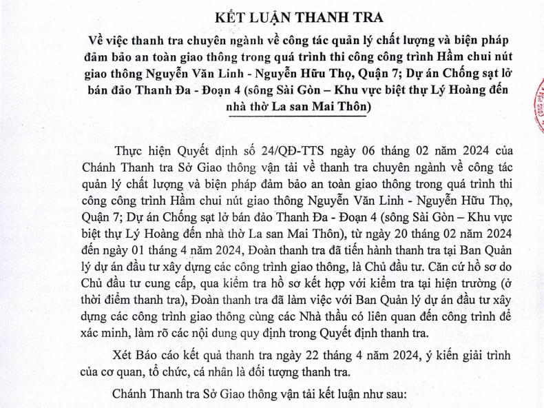 Thông báo kết luận của Thanh tra Sở Giao thông Vận tải TP. HCM