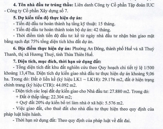 Thông báo kết quả lựa chọn nhà đầu tư số 1500/TB-BQLKV UBND tỉnh Thừa Thiên Huế