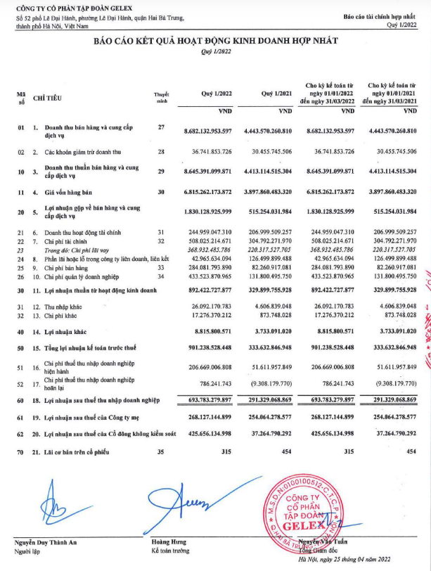 Báo cáo tài chính quý I tập đoàn Gelex &nbsp;