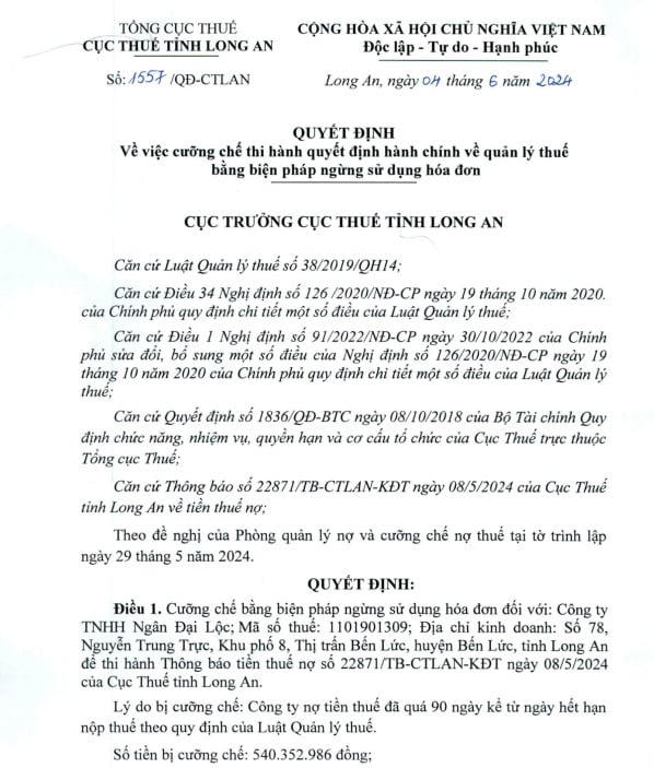 Quyết định cưỡng chế thuế bàng biện pháp ngừng sử dụng hóa đơn đới với Công ty TNHH Ngân Đại Lộc.
