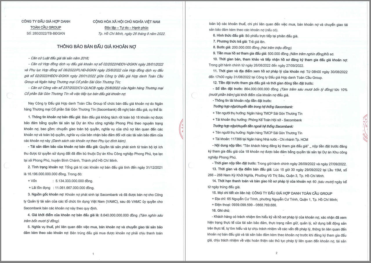 Thông báo đấu giá khoản nợ liên quan KCN Phong Phú với giá khởi điểm hơn 8.600 tỷ đồng (Nguồn: Sacombank). &nbsp;