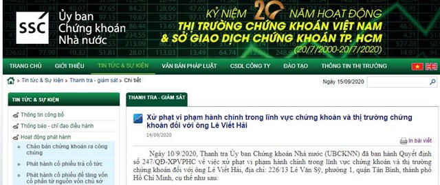 UBCKNN Quyết định xử phạt vi đối với &ocirc;ng L&ecirc; Viết Hải. Ảnh chụp m&agrave;n h&igrave;nh