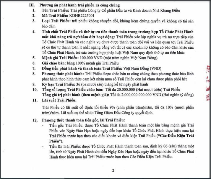 Phương án phát hành 2.000 tỷ đồng trái phiếu của KDH. &nbsp;