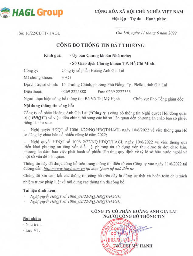 Công bố thông tin chào bán cổ phiếu riêng lẻ của HAGL (Nguồn: HAGL)