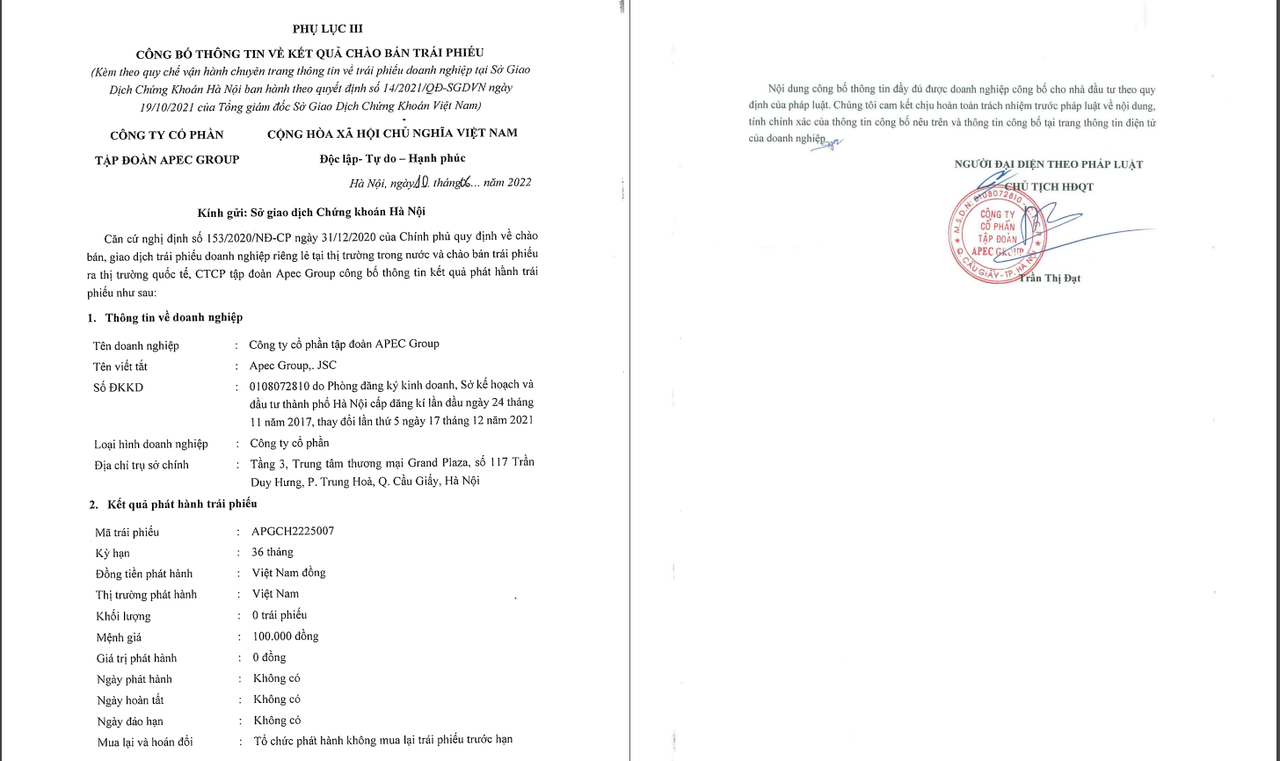 Apec Group công bố phát hành không thành công lô trái phiếu APGCH2225007.