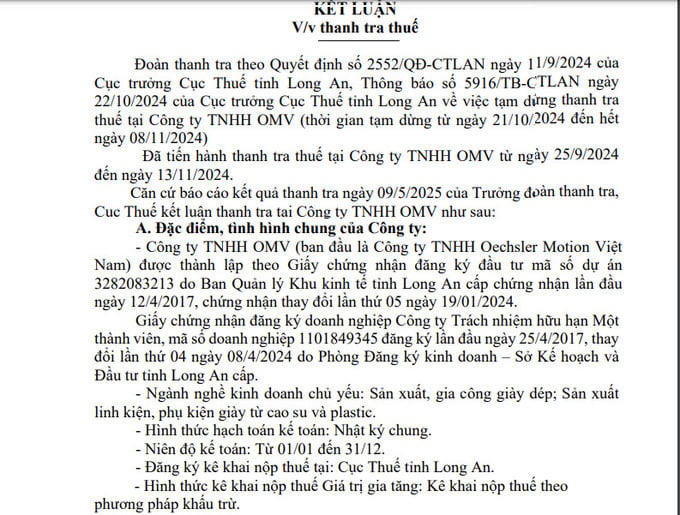 Kết luận thanh tra thuế tại Công ty TNHH OMV.