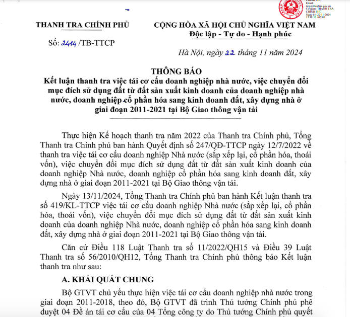 Thông báo kết luận của Thanh tra Chính phủ &nbsp;