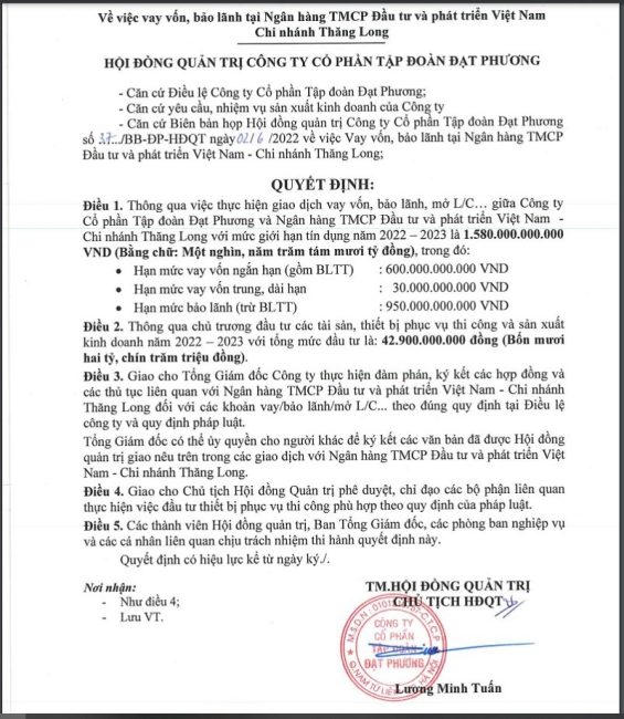 Quyết định thông qua việc vay tín dụng từ ngân hàng BIDV 1.580 tỷ đồng của Đạt Phương Group. &nbsp;