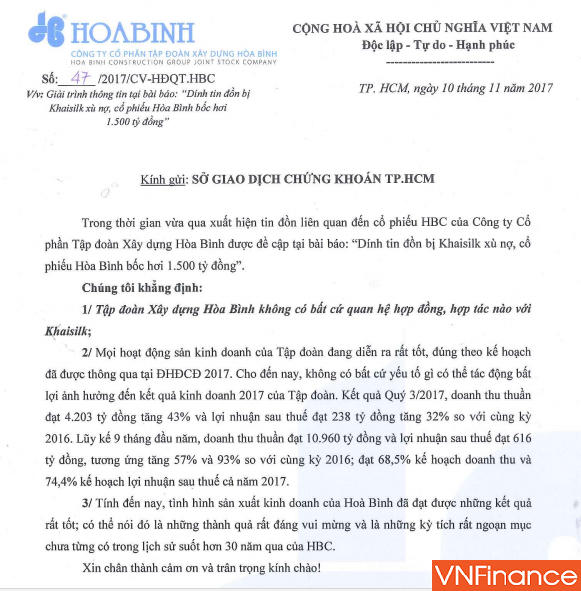Giá cổ phiếu vẫn giảm, Hòa Bình tiếp tục giải trình không bị Khaisilk xù nợ nghìn tỷ