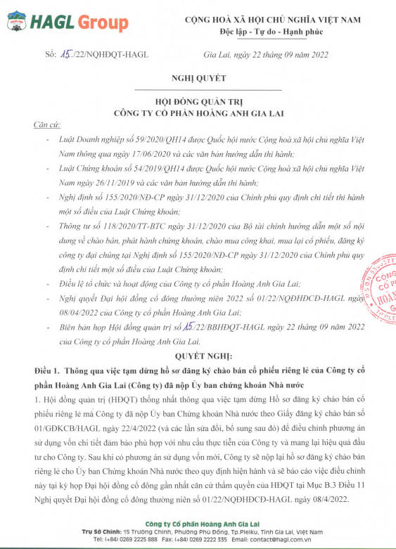 Nghị quyết dừng chào bán cổ phiếu riêng lẻ