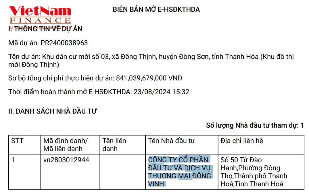 Dự án duy nhất 1 nhà đầu tư đăng ký thực hiện