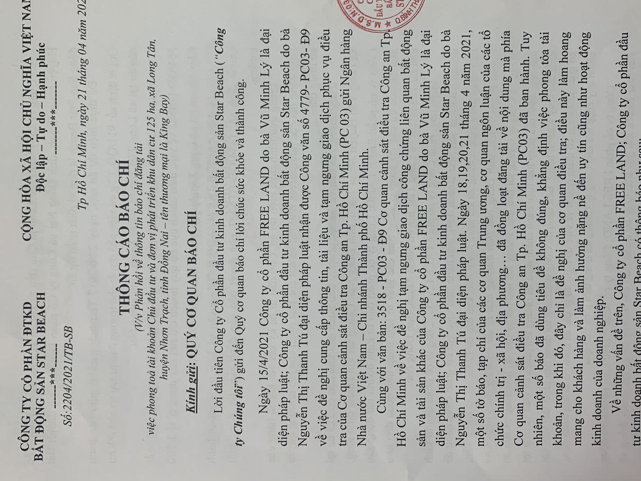 Chủ đầu tư dự án King Bay khẳng định làm đúng quy định pháp luật, đề nghị cơ quan công an thu hồi quyết định phong tỏa tài khoản