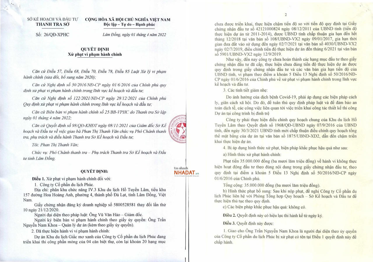 Thi công dự án chậm tiến độ, Du lịch Phúc bị xử phạt 35 triệu đồng. &nbsp;