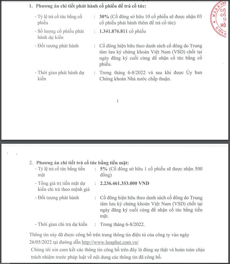 Thông báo về phương án trả cổ tức 2021 của Hòa Phát. &nbsp;