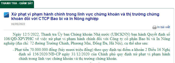 Ủy ban Chứng khoán Nhà nước phát đi thông báo xử phạt hành chính đối với Công ty cổ phần Bao bì và In Nông nghiệp &nbsp;