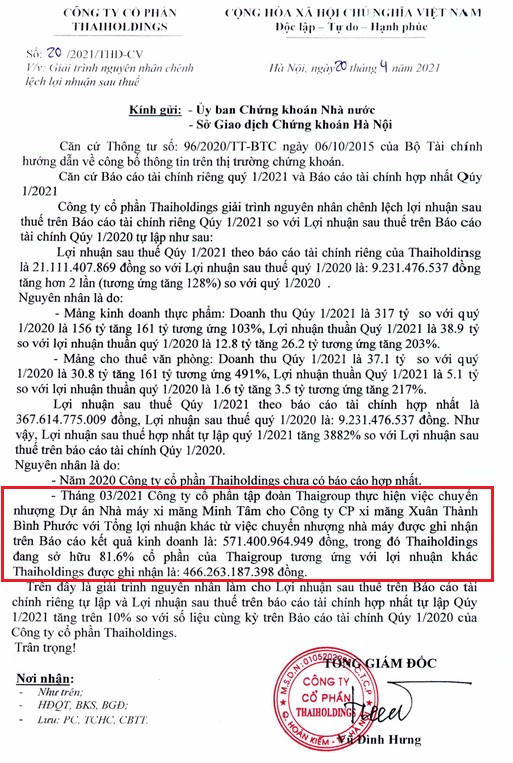 Giải trình nguyên nhân chênh lệch lợi sau thuế của Thaiholdings. &nbsp;