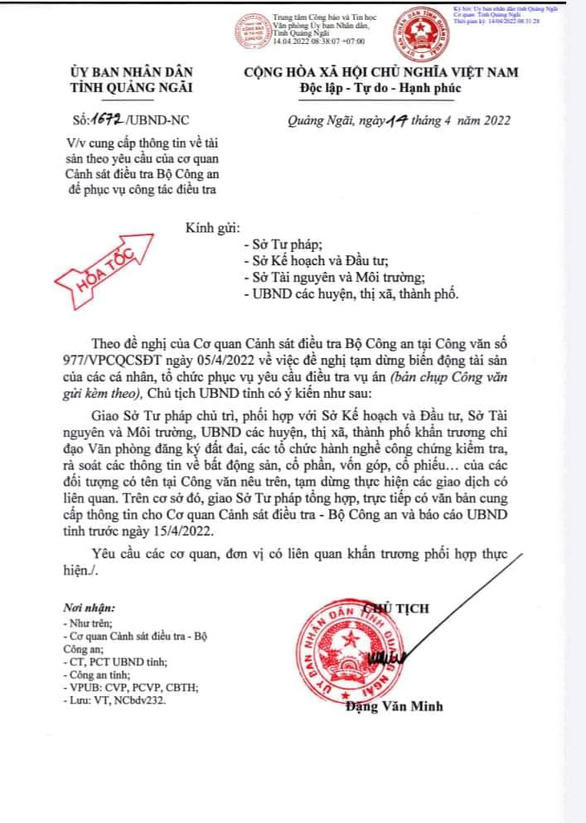 Văn bản hỏa tốc tỉnh Quảng Ngãi ban hành sáng 14-4 theo chỉ đạo của Bộ Công an - Ảnh: TRẦN MAI &nbsp;