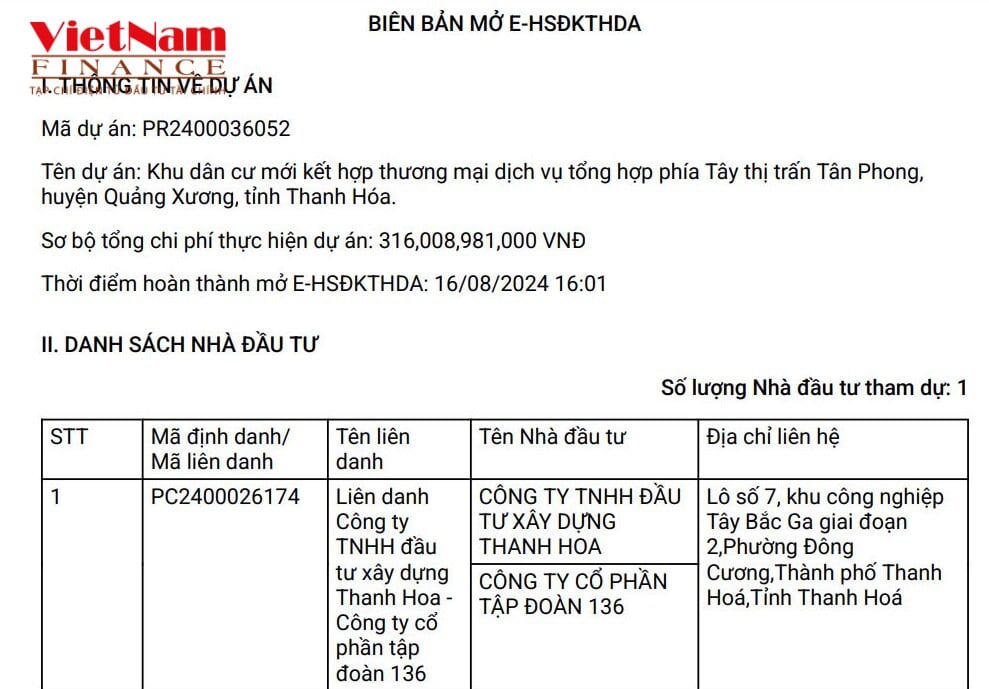 Dự án có duy nhất 01 ngà đầu tư nộp hồ sơ đăng ký thực hiện &nbsp;
