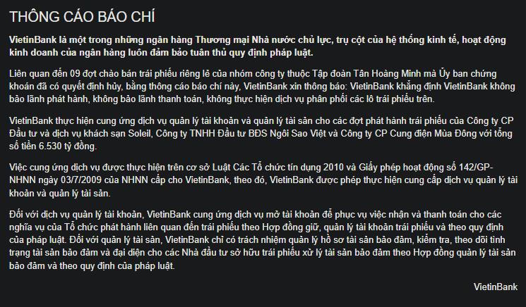 Thông cáo báo chí của Vietinbank. &nbsp;