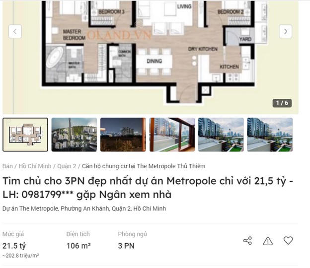 Một căn 3 phòng ngủ tại dự án The Metropole Thủ Thiêm được rao bán trên Batdongsan.com.vn với giá 21,5 tỷ (202 triệu đồng/m2). &nbsp;