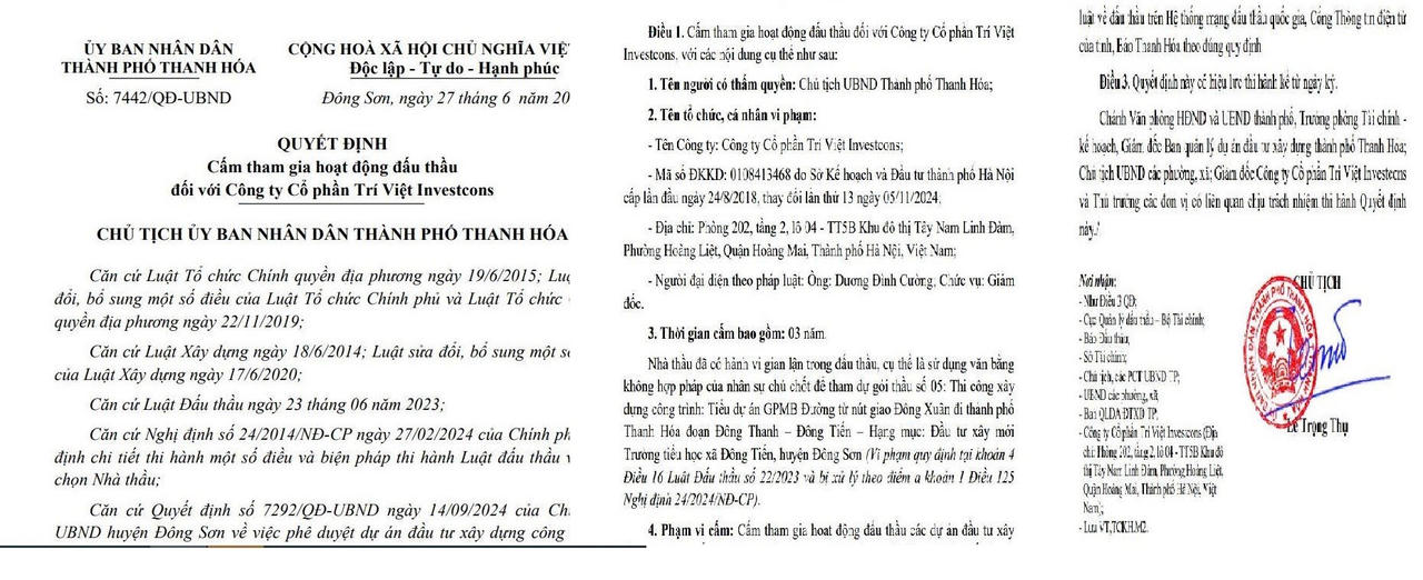 Thanh Hóa chính thức cấm Trí Việt Investcons tham gia hoạt động đấu thầu trong thời hạn 03 năm.
