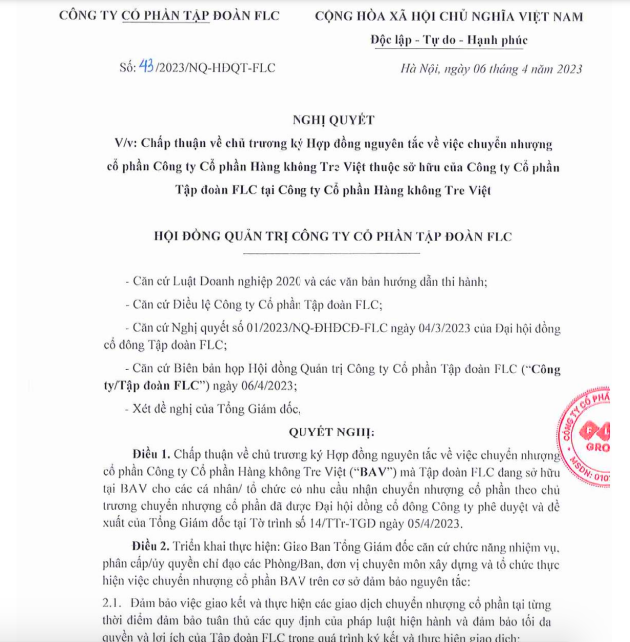 Công ty Cổ phần Tập đoàn FLC thông qua việc ký hợp đồng chuyển nhượng cổ phần tại Bamboo Airways. &nbsp;