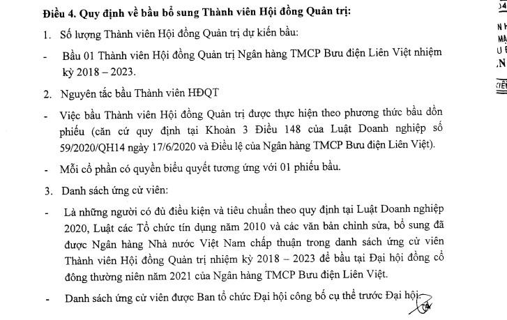 Nguồn: Dự thảo Thể lệ biểu quyết, bầu cử tại ĐHĐCĐ thường niên năm 2021 của LienVietPostBank. &nbsp;