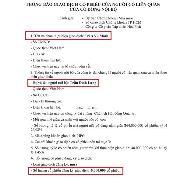 Ông Trần Vũ Minh đăng ký mua 5 triệu cổ phiếu HPG. Nguồn: Hòa Phát &nbsp;