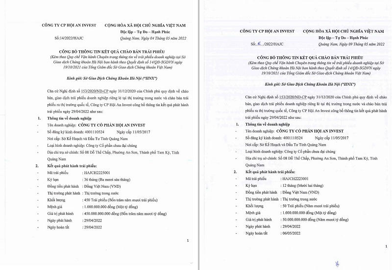 Hai lô trái phiếu trị giá 500 tỷ được Hội An Invest phát hành thành công mới đây. &nbsp;