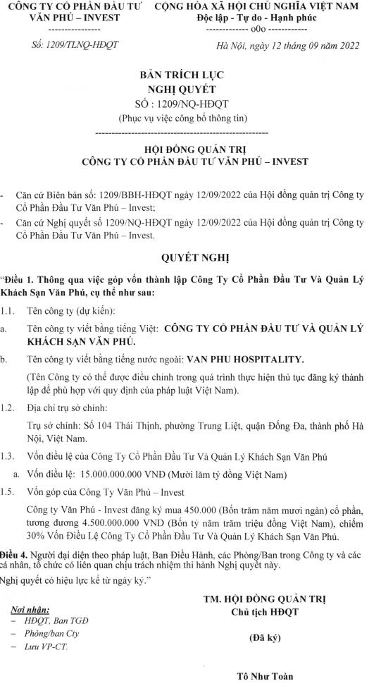 Nghị quyết góp vốn thành lập công ty con trong lĩnh vực kinh doanh khách sạn