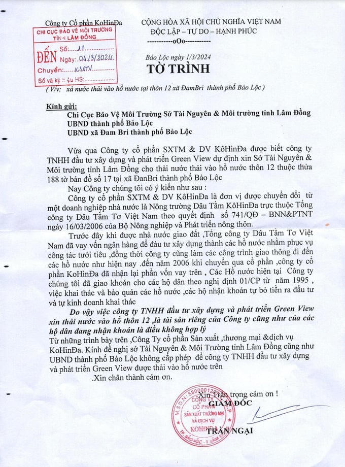 Chủ đầu tư dự án Green View xin phép xả thải vào hồ thuỷ lợi