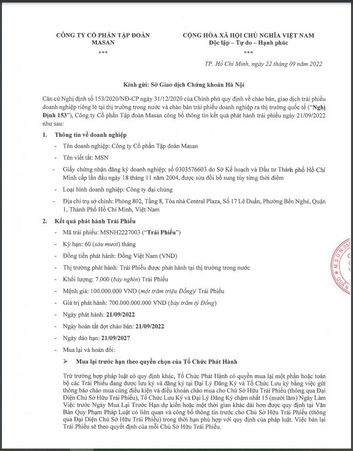 Tập đoàn Masan huy động thành công 1.500 tỷ đồng trái phiếu