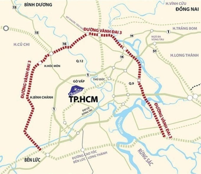 Sơ đồ hướng tuyến dự án đường Vành đai 3 TP. HCM. Ảnh: Internet &nbsp;