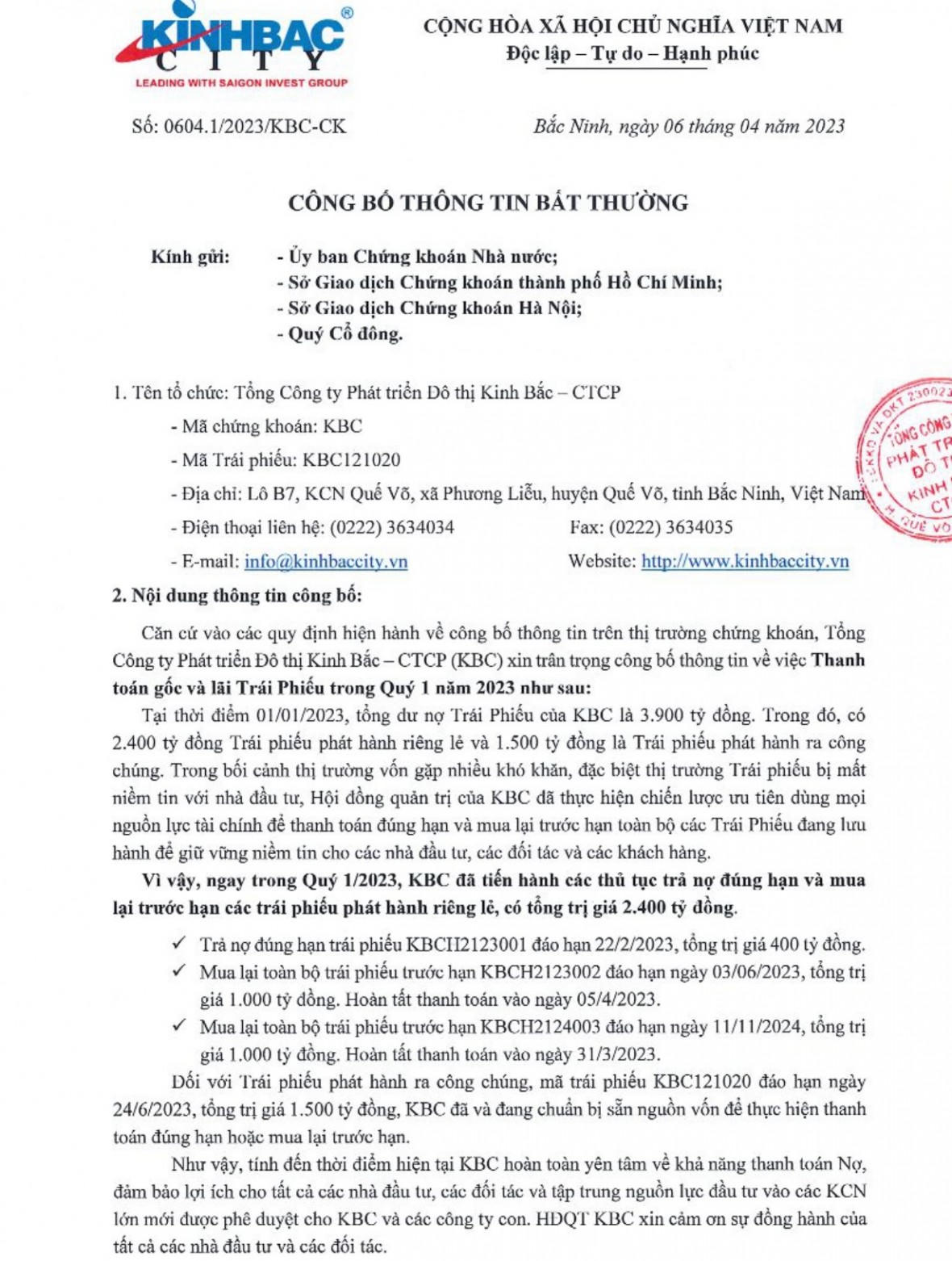 Kinh Bắc (KBC) vừa chi 2.400 tỷ đồng tất toán nhiều trái phiếu trước hạn