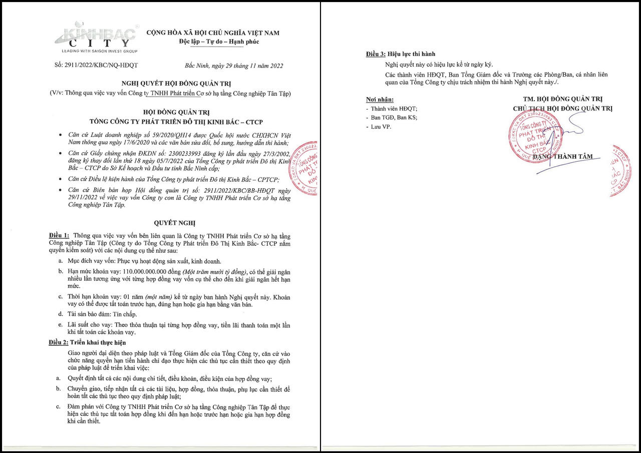 Nghị quyết HĐQT KBC về việc vay tín chấp 110 tỷ đồng từ công ty con. &nbsp;
